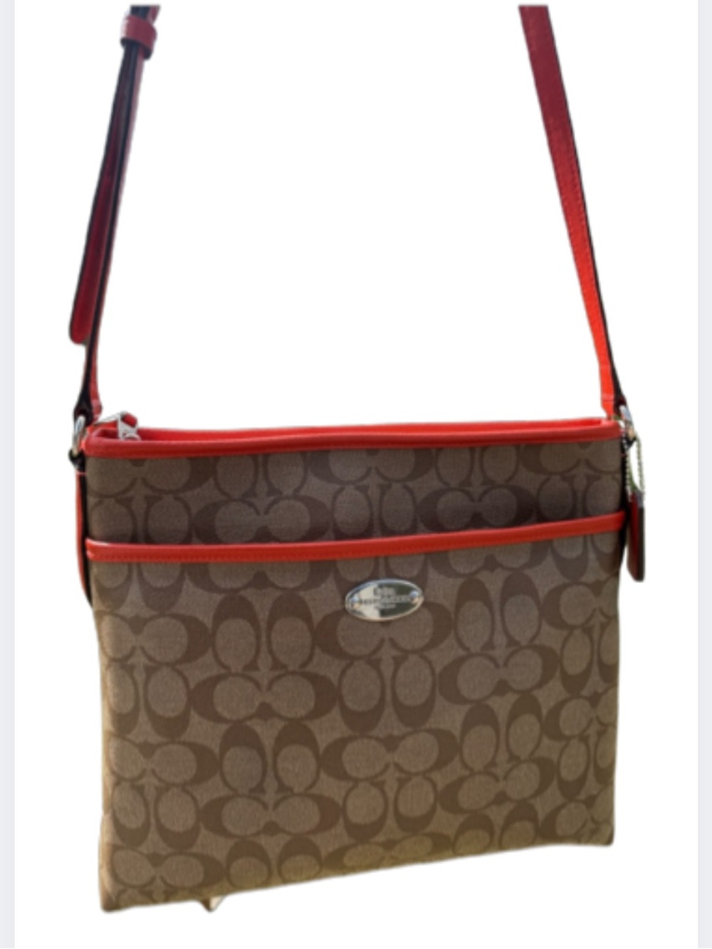Coach Signature Crossbody File Bag in Khaki with Red Trim F34938